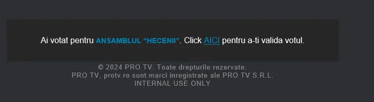Captură de ecran cu confirmarea votului pentru ansamblul „Hecenii” la Românii au Talent